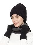 Gajraj Unisex Winter Knit Woolen Skull Cap Neck Warmer Scarf and Woolen Gloves Set (3 Piece) (Black)