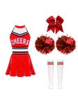 Aiihoo Kids Girls Cheer Leader Halloween Party Outfit Cheerleading Crop Top with Pleated Skirt Pom Pom Socks Headwear Set A Red 13-14 Years