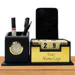 Giftairs Personalise Pen Stand For Office Table, Desk Organizer With Wooden Calendar, Pen Stand, Mobile Holder For Home And Office - Customized, Personalized Gift for Teachers, Doctors, Employees