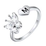 Silver Initial Letter Ring for Teen Girls - S925 Stackable Heart Butterfly Ring with Initial M, Adjustable Crystal Initial Rings for Women Mother Gifts