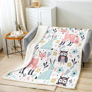 Fox Rabbit Owl Sherpa Blanket Cartoon Fox Sherpa Blanket for Kids Toddler Cute Rabbit Fleece Throw Blanket Tropical Kawaii Animal Fuzzy Blanket Queen 90"x90"