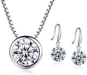 PRETTERY 925 Sterling Silver Jewellery Set for Women, Teardrop Fish Hook Dangle Drop Earrings with Round AAA Cubic Zirconia Necklace Set for Wedding Event Party, Crystal, Cubic Zirconia