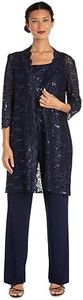 R&M Richards womens 3 Pce Laced Duster Jacket Shell and Solid Pant Formal Night Out Dress, navy, 10 US