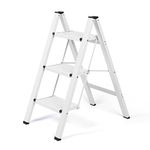 BOWEITI 3 Step Ladder Lightweight Folding Step Stool, Aluminum Portable Lightweight Ladder for Home and Office Use, Anti-Slip Pedal 330 Lbs Capacity Household Stepladder(White)