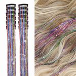 D-DIVINE 2Pcs Hair Tinsel Clip in Glitter Tinsel Hair Extensions 24Inch Clip in Hair Tinsel Kit Heat Resistant Shiny Sparkly Fairy Hair Accessories for Women Girls Kids (Colorful/2Pcs)