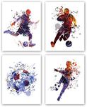 XUN Watercolor Boys Football Art Print- Soccer Silhouette Sport Theme Canvas Wall Art-(8”X10”X4 Pieces, Unframed)-Perfect for Boys Football Fans Bedroom Decoration