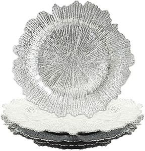 Koyal Wholesale Bulk Flora Glass Charger Plates, Set of 4, Silver, Starburst Charger Plates, Reef Charger Plates