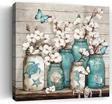 Bathroom Decor Wall Art Blue Beach Picture Ocean Theme Flower Canvas Print Modern Coastal Seascape Painting Framed Bathroom Pictures Canvas Painting Teal Bedroom Kitchen Art Home Decorations 20"x20"