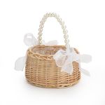 Elegant Wedding Flower Girl Basket with Pearl Handle and Ribbon Bow, Bowknot Satin Flower Basket for wedding, Rustic Handwoven Wicker Flower Basket, Versatile Picnic Basket for Outdoor(Brown)