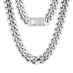 KRKC&CO 12mm Cuban Link Chain, 18K Gold Plated Stainless Steel Men's Necklace, Anti-Tarnish Anti-Allergies, Miami Curb Chains Hip Hop Necklace for Men Homme(12mm-Silver,20inches)