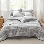 Bedsure Queen Comforter Set 7 Pieces, Grey White Striped Comforter for Queen Size Bed Reversible, Cationic Dyeing Bed in a Bag with Comforter, Sheets, Pillowcases & Shams