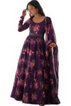 AAYSHA CREATION Women's Printed Georgette Ethnic Wear Long Sleeve Round Neck Long Kurti & Dupatta (A_C_170740-Wine-X-Large)