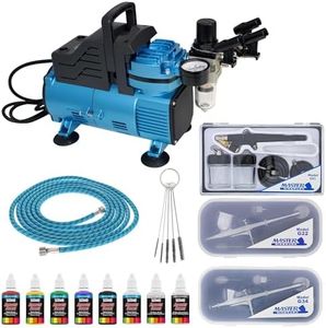 Master Airbrush Cool Runner Dual Fan Air Compressor Professional Airbrushing System Kit with 3 Airbrushes, Gravity & Siphon Feed - 6 Primary Opaque Colors Acrylic Paint Artist Set, Hose & Holder