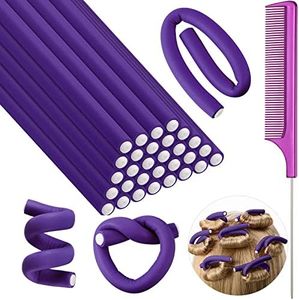 30 Pieces Flexible Curling Rods Twist Foam Hair Rollers Soft Foam No Heat Hair Rods Rollers and 1 Steel Pintail Comb Rat Tail Comb for Women Girls Long and Short Hair (Purple, 7 x 0.3 Inch)