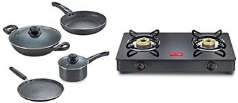 Prestige Omega Granite Aluminium Kitchen Set, 4-Pieces, Black & Prestige IRIS LPG Gas Stove, 2 Burner, Black, Powder Coater Mild Steel with Glass Top, Manual