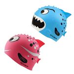 penobon 2 Pack Kids Swim Cap for Boys and Girls Fun Silicone Swimming Cap Unisex Shark Bath Hat for Aged 2-6 Toddler Child,OR 2 Pack Men Women Fabric Bathing Swim Cap for Long and Short Hair