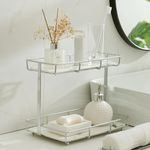 Dobbyby Bathroom Organizer Countertop Perfume Organizer Makeup Organizer Cosmetics Storage Display Rack 2 Tier Vanity Tray Dresser Stainless Steel Sliver Shelf White Marble Print Ceramic Tray L