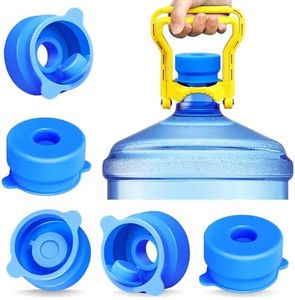 (5 Pack) 3 and 5 Gallon Water Jug Cap with (1 Pack) 5 Gallon Water Bottle Handle, Silicone Reusable Replacement Cap, Non Spill Bottle Caps for 55mm Bottle Water Dispenser Caps
