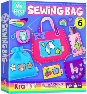 KRAFUN My First Sewing Bag Kit Arts & Crafts for Beginner Kids, 6 Easy DIY Sewing Handbag Pouch Sleeve Projects of Animal Theme, Instructions Learn to Sew & Felt Embroidery, Gift for Girls, Boys