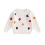 Vioyavo Newborn Toddler Baby Girls Sweater Floral Embroidery Long Sleeve Round Neck Knitted Pullover Fall Winter Warm Jumper Sweater Tops (White, 9-12 Months)