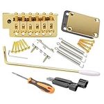 Unxuey Electric Guitar Tremolo Bridge Bar Kit, 6 Strings Bridge Tremolo System Set with Neck Plate Reinforce Board for Fender Strat Guitar Replacement, Gold