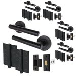 EAI Black Door Handle Latch Set - Pack of 5 | Round T-Bar Internal Door Handles, Latch (64mm), Hinges (76mm)| Matt Black Lever on Rose | Oliena Range