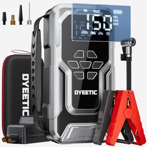 DYEETIC 6000A Booster Batterie Voiture Lithium avec Compresseur, 150 12V PSI Gonfleur de Pneus Porteable pour Véhicule (Jusqu’à Tout Essence & 10L Diesel), Lumière LED, Câbles de Démarrage