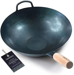 Pre Seasoned Flat Bottom Wok, 14 Inch Blue Carbon Steel Chinese Pow Wok, Traditionally Hand Hammered by Mammafong