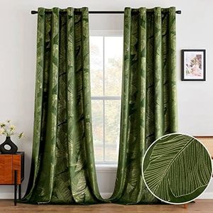MIULEE Luxury Velvet Curtains 96 Inches Long 2 Panels, Leaf Patterned Gold Foil Printed Curtains for Bedroom Living Room Soft Room Darkening Thermal Insulated Grommet Window Drapes, Olive Green