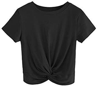 MakeMeChic Women's Summer Crop Top Solid Short Sleeve Twist Front Tee T-Shirt Black L