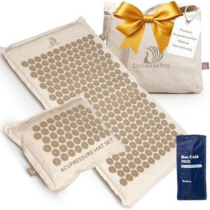 Acupressure Mat & Pillow Set with Hot/Cold Gel Pack for Back and Neck Pain Relief, Sciatica and Pressure Point Aches - Ideal Acupuncture Mat for Sleeping Aid & Workout Recovery - Natural Linen