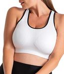 SHAPERMINT Seamless Racerback Wireless Sports Bra for Women with Removable Cups | Low Compression Womens Workout Tops | from Small to Plus Size Bras, Large, White with Black Trim