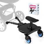 BugyKido Buggy Board with Seat, Universal Pram Standing Board for Children, Pram Accessory from 2-6 Years (25 kg), for Over 99% of Baby Carriages (Blue Wheels)