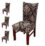 Styleys SLMC123 Polyester Blend Stretchable Washable Elastic Floral Printed Dining Chair Covers (Large, Royal Black/Gold) -Pack of 4