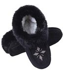 Women Moccasin Slippers Indoor,Leather Suede,Soft Sole,Fleece,Rabbit Fur,Slip On House Shoes,Black-2, 8 B(M) US