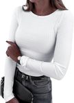 Bluetime Womens Crewneck Long Sleeve T-Shirts Ribbed Knit Casual Tops Tee Slim Fitted Basic Shirts, A-white, XX-Large