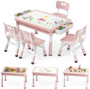 TODECARE 4 in 1 Kids Table and 4 Chairs Set, Reversible Tabletop, Pink