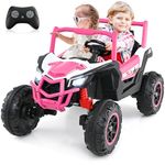 Costzon 24V Kids UTV, 4WD/2WD Switchable Kids Electric Car with Remote Control, 4 x 100W Powerful Engine, Soft Start, 4 Shock Absorbers, High/Low Speed, Music, 2-Seater Ride on Car for Kids 3+ (Pink)