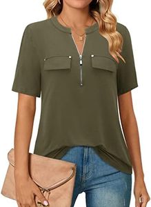 Bulotus Green Tops for Women Ladies Short Sleeve V Neck Zip Front Tops for Work Casual Green M