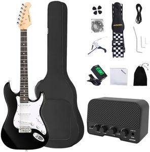 AODSK Electric Guitar with Amp Beginner Kit 39 Inch Solid Body Full Size,All Accessories,Digital Tuner,Six Strings,Four Picks,Tremolo Bar,Strap,Gig Bag,Starter kit (Black-SSS)