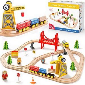 Tiny Land 55PCS Wooden Train Set - Compatible with Major Brand Tracks, Educational Toy for Toddlers & Kids Ages 3-7, Durable Wooden Railway Tracks