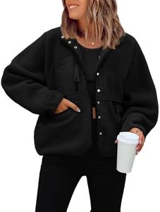 ReachMe Womens Button Down Cropped Fuzzy Fleece Jackets(Black,L)
