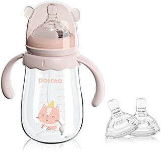 POTATO Glass Baby Bottles, Anti-Colic Breastfeeding Bottles with Fast Flow Nipple, Suitable for Babies 6-12 Months, 2 Replaceable Nipples, 8 oz, Pink