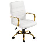 Yaheetech Mid-Back Office Chair PU Leather Desk Chair Adjustable Executive Task Chair w/Lumber Support Gold Leg White Seat