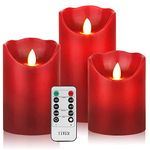 YIWER Battery Candles, 4" 5" 6" Set of 3 Real Wax Not Plastic Pillars Include Realistic Dancing LED Flames and 10-Key Remote Control with 2/4/6/8-hours Timer Function 200 Hours (3x1, Red)