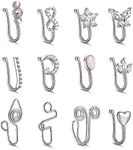 Finrezio 12Pcs Fake Nose Ring for Women Nose Cuff Clip On Nose Ring Adjustable Nose Cuffs Butterfly Heart Star Opal Fake No Piercing Nose Jewelry Faux Nose Rings