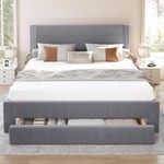 King Size Bed Frame with Storage, Wood Platform Bed Frame King with Fully Velvet Upholstered Headboard, Strong Wooden 12-Slats Support, Under Bed Storage Drawer with Wheels, Mattress Foundation