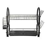 SQ Professional 2 Tier Dish Drainer Rack with Drip Tray With Cutlery & Glass Holder Easy & Convenient Storage For Dishes (Metallic Black)