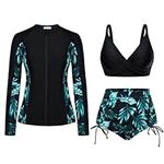 JASAMBAC Rash Guard Swimsuit for Women Swimming Costumes Tummy Control Swimwear Push UP Bikini Top& High Waist Bikini Bottom Rash Guard Soft Modest Swimwear Surf Suit Bathing Suit Wet Suits