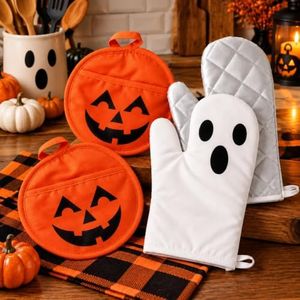 FYSUIMU 4Pcs Halloween Oven Mitts and Pot Holders Set, Evil Pumpkin Ghost